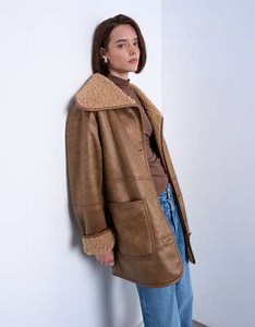 Topshop faux shearling oversized patch pocket mid length car coat in caramel | ASOS