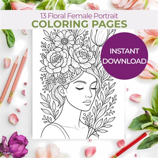 Floral Portrait Coloring Pages: Botanical Line Art (digital Download) - Etsy