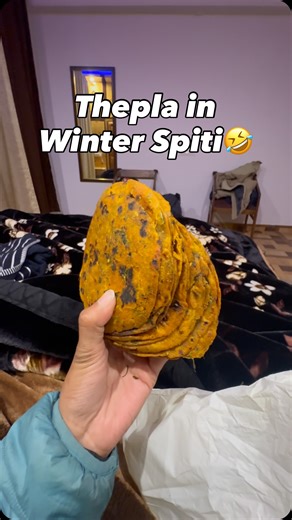 Kyara Saxena | Model | Fashion & Lifestyle Influencer|Traveller on Instagram: "Gujarati ko thepla se koi dur nahi kar sakta 🤣 [Winterspiti, kaza , spiti2026, travelblogger, kyarasaxena, funnyreel, jethalal, thepla, gujju girl]"