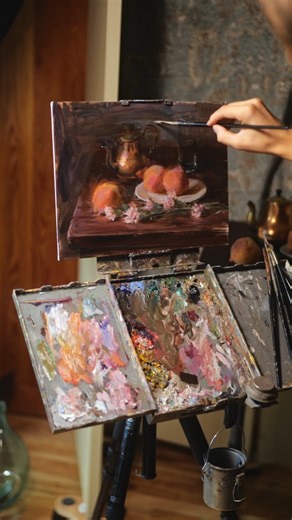 Jared Brady on Instagram: "A recent still life featuring one of my favorite combos: peaches and copper! I'll be breaking down my approach to alla prima floral and still life painting in my upcoming workshop at @atelierdojo in Austin, TX. It's coming up soon (August 8-10), but there's still time to sign up! #stilllife #allaprima #oilpainting"