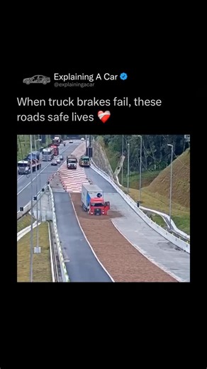 Explaining a car on Instagram: "Runaway truck lanes are one of the most important safety features on steep highways — built specifically for moments when a truck’s brakes fail. 🚚🛑 These escape lanes are usually filled with deep gravel or soft sand, designed to grab the wheels, slow the vehicle, and bring it to a safe stop. Some even go uphill to use gravity as an extra brake. They look simple, but they’ve saved countless lives by giving out-of-control trucks a place to crash without hitting tr