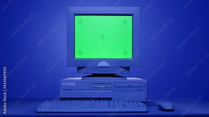 Retro pc with chroma key green screen, Old computer studio close-up, Desktop vintage retro wave display, late 90s PC mock up for 3d motion design and advertising.