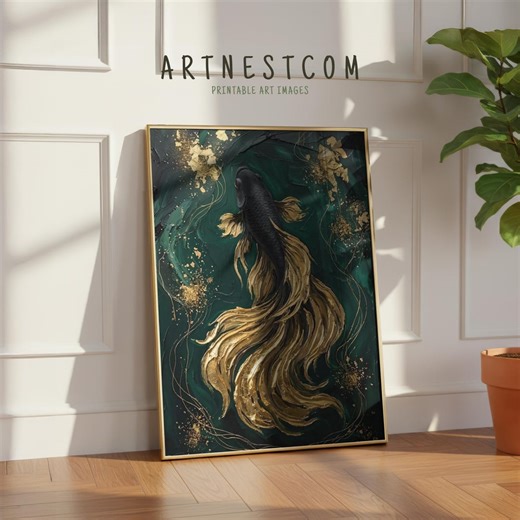 Textured Emerald Green Gold Betta Fish Print for Dark Academia Room Decor - Etsy