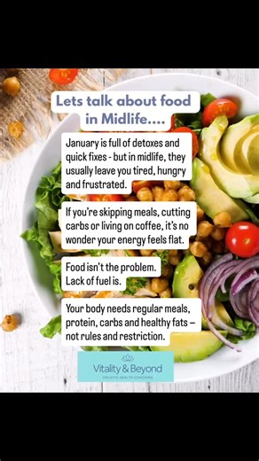 Let’s talk about food in midlife… January is full of noise - detoxes, resets, quick fixes, miracle plans. They promise fast results, but in midlife they often leave you tired, hungry and disconnected from your body. Undereating is one of the biggest reasons women feel flat, foggy and low in energy. Skipping meals, cutting carbs, fearing fat, living on coffee - all of that stresses your system. Food isn’t the problem. Lack of fuel is. In midlife, your body needs: • enough protein to support muscl