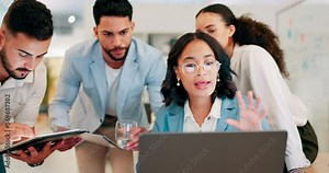 Teamwork, planning and manager with an agenda on a laptop, schedule and talking about a project. Collaboration, strategy and boss speaking to workers about ideas for a partnership on a computer
