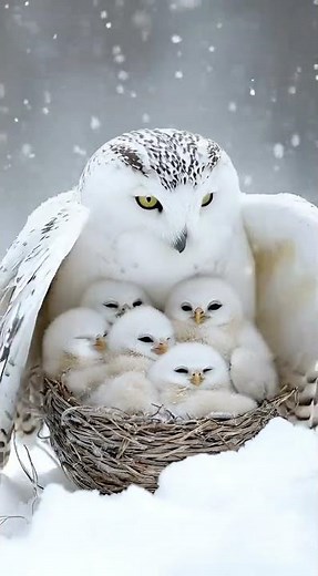 Heart Melting Snowy Owl Mom Protects Her 5 Fluffy Babies in Snowstorm 🦉❄️ #4knature #birds #birdsong