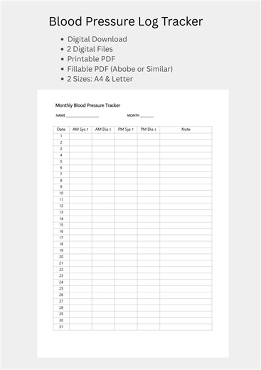 Blood Pressure Tracker Printable and Fillable | BP Log PDF | Heart Rate & Medication Journal | Health Planner Insert - A4 and Letter Size - Etsy Australia