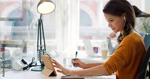 Tablet, working and business woman reading online, data analyst and communication at desk. Young lady, female entrepreneur and device to search internet, connection or writing notes, ideas and office