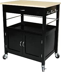eHemco Kitchen Island Cart on Wheels with Drawer, Storage Cabinet, Shelf and Natural Bamboo Top Butcher Block, Black Base