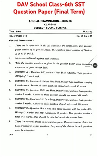 DAV School Class-6th SST Subject Annual Exam Question Paper #davschool #exampreparation #cbse #fyp