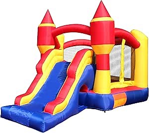 SereneLife Inflatable Bounce House Castle Bouncer - In/Outdoor Portable Jumping Bounce Castle w/Slide, Safety Net - Kids Castle Party Bounce House - Ocean Balls, Air Pump, Carry Bag -SLIB970