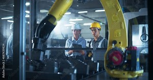 Diverse Female and Male Technicians Operating an Advanced Robotic Arm at a Modern Industrial Facility. Professional Machinery Operators Use Tablet to Program the Robot Hand for Production Line