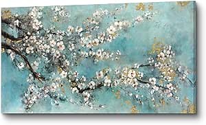Abstract Blossom Flower Wall Art: Teal Branch Floral Canvas Artwork White Dogwood Living Room Painting Elegant Gold Foil Print Modern Botanical Gallery Picture for Bedroom Office