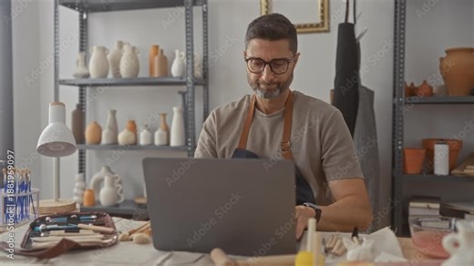 Man potter with hand on chin using laptop in studio among pottery shelves, brushes and clay tools; thoughtful craft practice.