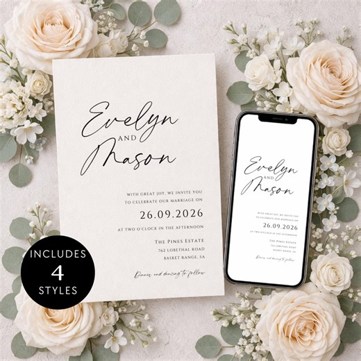 Modern Script Wedding Invitation Template Canva Editable Minimalist (digital Download) WL0001 - Etsy UK