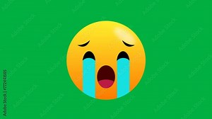 Sad and crying face expression emoji clip isolated on green screen. Crying emoticon.