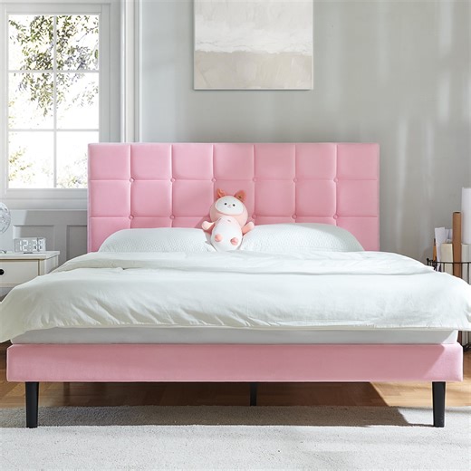 Full Bed Frame, Full Size Platform Bed with Fabric Upholstered Headboard, Pink - Walmart.ca