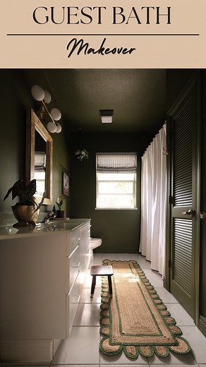 84K views · 52 reactions | Guest bathroom makeover- what do you think?!  The green paint is a VIBE and I love how it transformed this 90’s bathroom. I actually kind of love the green countertop now. A lot of #amazonfinds in this bathroom and you can shop everything by clicking “shop my Instagram!” #homesweetjones #bathroomrenovation #bathroomdesigninspiration #amazonhome #bathroomdesign #backdroppaint | Me & Mr. Jones | Facebook