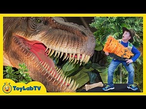 Giant T-Rex Life Size Dinosaur Chases Park Rangers with Nerf Toys at Jurassic Dinosaurs Event