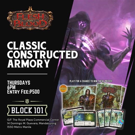 Armory - October 2024 Format: Classic Constructed Oct 17, & 24, 2024 Every Thursday 6:00 PM Entrance Fee: P500 Inclusive of 1 Rosetta Booster Pack and EA RF Rootbound Carapace Prize Structure for 8 Players 1st: 3 Booster Packs Arcane Seed // Life (CF) 2nd: 3 Booster Packs 3rd: 2 Booster Packs -People’s Champion for the month of October will be awarded with 1x Florian playmat -Thistle Bloom // Life (CF) promo card will be awarded to the most consistent Top player of October Armory -Progressive Pr