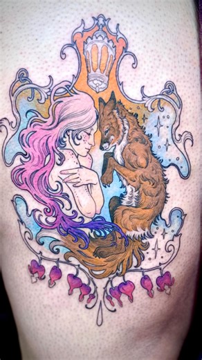 Caitlin Hackett on Instagram: "First session on this art nouveau inspired tattoo for Rai, it was a joy to create this piece and I’m excited to complete it next session 🌷I bought a new machine for color work and it’s been so satisfying getting to use it for more full & partial color tattoo projects The world is so rough right now, I am extremely grateful for my lovely clients, my friends, & my artistic community #bayareatattoo"