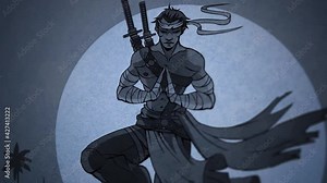 Abstract night animated scene with a samurai with katanas standing on one leg, meditating before the fight. Stock footage. Cartoon with an asian angry warrior standing by the lake in front of full
