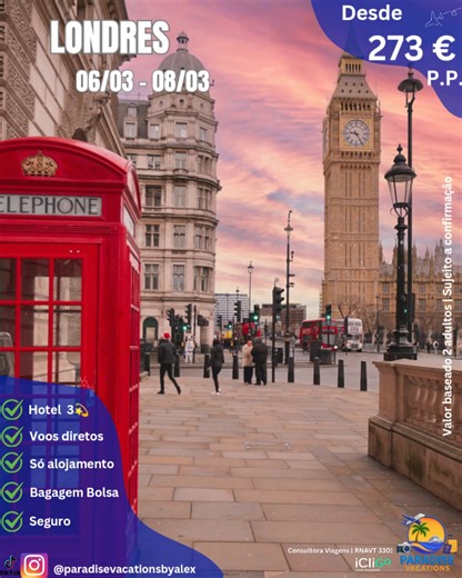 Vive Londres em 3 dias inesquecíveis! Entre o charme clássico e a vibração moderna, vais descobrir uma cidade que surpreende a cada esquina. 🇬🇧 Londres | 06 a 08 de março Em três dias consegues sentir o pulso autêntico de Londres: passeias junto ao Tamisa, atravessas a famosa Tower Bridge, aprecias o Big Ben de perto e exploras bairros cheios de história, arte e vida urbana. Entre museus gratuitos, mercados animados e ruas icónicas, cada momento da tua escapadinha vai ser bem aproveitado. 👉 Q