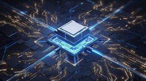 Concept animation shows the process of turning on the CPU in the motherboard. Digital pulses and signals from the chip propagate through the motherboard. 3d rendering.