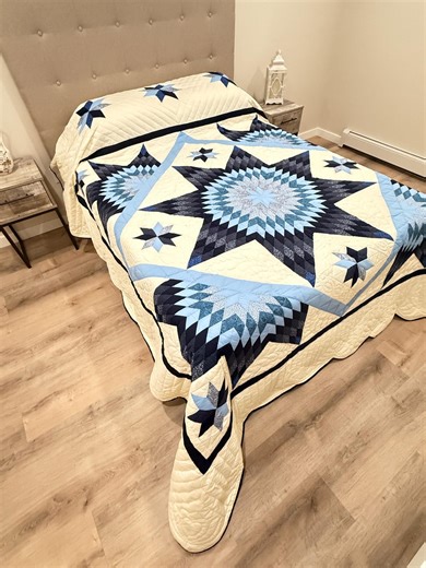 New Amish Split Star Quilt – 107x119 – Hand Quilted in Blue & Ivory – Heirloom Lancaster PA Quilt - Etsy