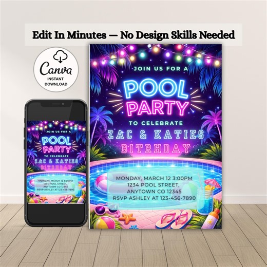 Neon Pool Party Invitation Template, Sibling Birthday Invite, Summer Pool Party Invite, Editable Digital Download, Boy Girl Joint Birthday - Etsy