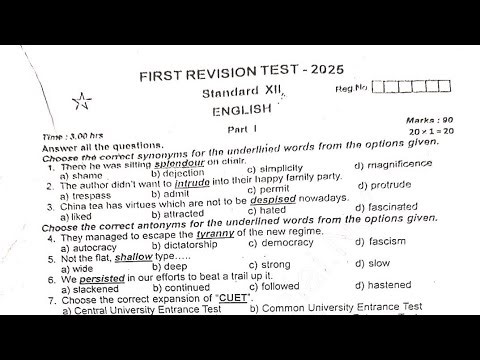 12th English 1st revision Question Paper 2025 || important questions