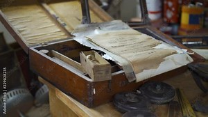 Vintage Edison mimeograph copying machine amongst old vintage tools in collectors barn.