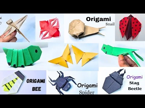 10 Easy Origami Insects | Dragonfly, Butterfly, Grasshopper, Bee, Spider, Butterfly, Snail, Ant