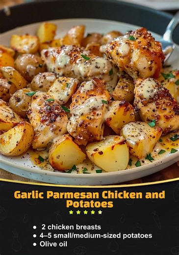 25K views · 14 reactions | Garlic Parmesan Chicken and Potatoes  Ingredients: 2 chicken breasts 4–5 small/medium-sized potatoes Olive oil Salt, pepper, garlic powder, paprika (for potatoes) ........ Recipe in First Coʍmеոτ  Enjoy ❤️ | Flavor Recipes | Facebook