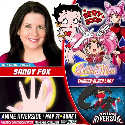 She’s the voice behind some of your most iconic childhood characters! We’re excited to welcome Sandy Fox to Anime Riverside 2025! You know her as Chibiusa/Black Lady from Sailor Moon, the legendary Betty Boop, and so many more! Meet her in person May 31–June 1 at the Riverside Convention Center! Get your tickets now at AnimeRiverside.com #AnimeRiverside #SandyFox #SailorMoon #Chibiusa #BettyBoop #VoiceActress #AnimeConvention #MeetTheVoices #AnimeFire