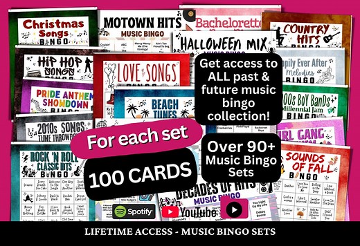 Music Bingo Sets Bundle - 100 Unique Bingo Cards ALL Past and Future Music Bingo Sets, Google Drive Access, Playlists Included - Etsy