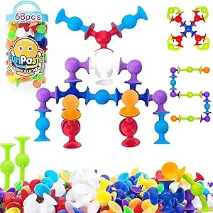 68 Piece Suction Cup Toys Bath Toys, Construction Set Silicone Building Blocks Stocking Stuffers DIY Blocks Sucker Toy Bathtub Toys, Sensory Toy for Toddlers 3-8 Year Old Boys Girls