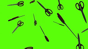 Scissors, shears or clippers background. Falling red scissors over green screen or chroma key. Rain of scissors across the screen.