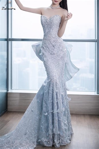 Luxury Silver Crystal Mermaid Evening Gown – Strapless Beaded Couture Dress With Sheer Flowing Overskirt - Etsy