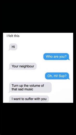 Johnny Bravo Explains Memes on Instagram: "Hey everyone, Johnny here to explain. This meme shows a fake text-message exchange where someone random (labeled “Your neighbour”) messages “Hi,” the recipient asks “Who are you?” and once they find out they’re neighbors the stranger texts “Turn up the volume of that sad music” and “I want to suffer with you.” The caption “I felt this” at the top tells us it’s meant to be relatable: it humorously captures that feeling some people have of wanting compani