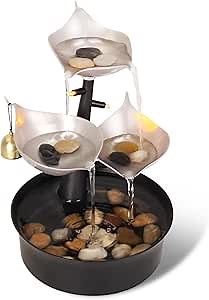 Water Fountains Indoor, 3-Tier Tabletop Water Fountain with Adjustable LED Light, Small Desk Waterfall Fountain for Living Room/Office Zen/Home Décor, with Bell, Dynamic