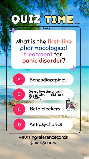 What is the first-line pharmacological treatment for panic disorder? * * * * * * * * #nurses #doctors #nursing #medical #nurseexam #NCLEX #nclexreview #nclexrn #registerednurse #medicaldoctor #medicine #studentlife #exam #exampreparation #nclexprep #nursingstudent #medicalstudent #RN #NMC #NGN #PNLE #NLE #USRN #RN #rnlife #nursinglife #fbreels #fypシ゚ @highlight @followers @everyone | Nursing Reference Cards