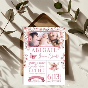 Modèle de carte de faire-part de naissance avec photo modifiable, 5 x 7, bébé fille, fée, fées, rose, fleurs, papillon, téléchargement immédiat, impression numérique - Etsy France
