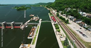 US Lock and Dam No. 4 And Railway Track In Alma, Wisconsin, United States.