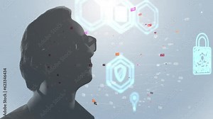 Cg. Double exposure. The silhouette of a man on the background of the coordinate system and analytical graphs. Neon icons with information protection symbols. The concept of modern information flow