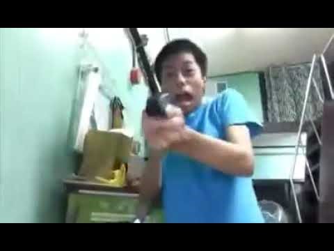 Guy in blue shirt gets scared and shoots computer