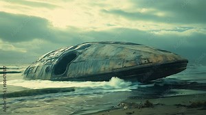 A Mysterious Alien Vessel Is Stranded on the Shoreline Beneath the Beautiful and Enchanting Glow of Dusk Light