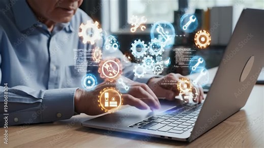 Digital interface with gears and wrench icons hovers above laptop