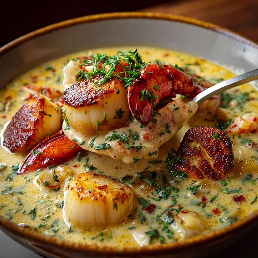 Creamy chowder with lobster 😍 , scallops and potatoes , finished with dill and a touch of lemon. ................. Full Recipe 👇👇👇 | Cook By Book