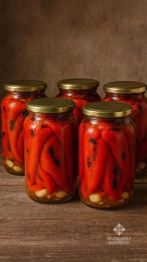 Ardei copți în oțet la borcan pentru iarnă Ingrediente: -5 kg ardei capia -1 l oțet -2 l apă -100 g zahăr -sare grunjoasă -10 căței de usturoi Iarna sunt un deliciu lângă orice friptură. | Splendorile Romaniei